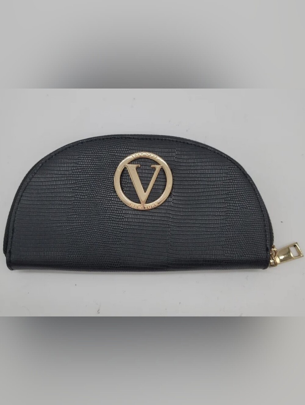 Joan Vass Black Textured Wristlet Pouch with Gold V Emblem